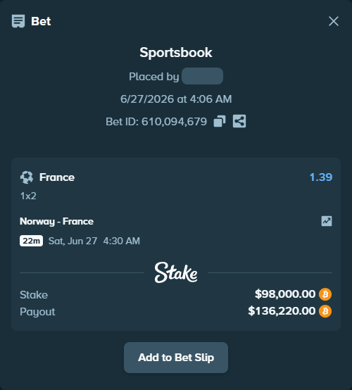 Bet slip: Norway - France, $100,159.29 stake at 1.39 odds, placed by Jossgus