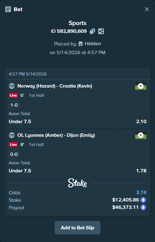 Bet slip: Norway (Hazard) - Croatia (Kevin), $9,498.28 stake at 2.10 odds, placed by Hidden