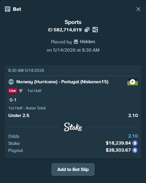 Bet slip: Norway (Hurricane) - Portugal (Niskanen15), $14,002.89 stake at 2.10 odds, placed by Hidden