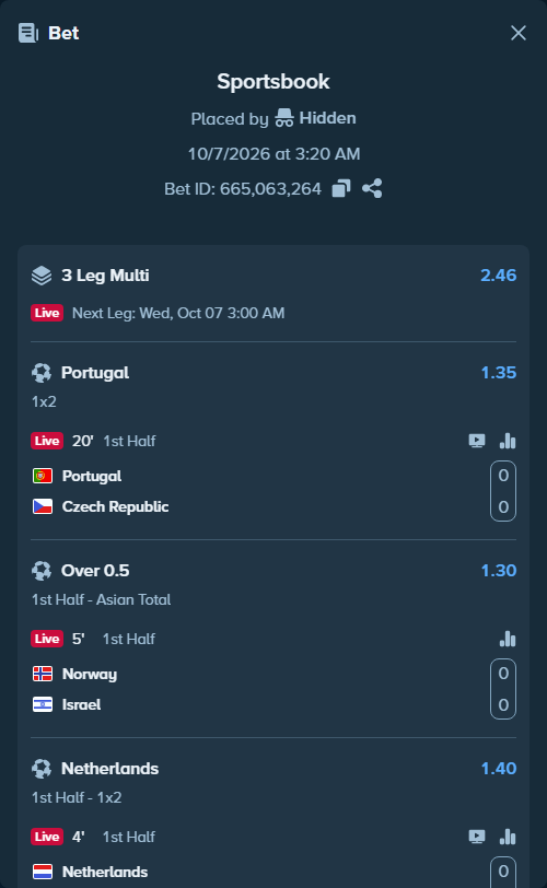 Bet slip: Norway - Israel, $28,239.77 stake at 1.30 odds, placed by Hidden