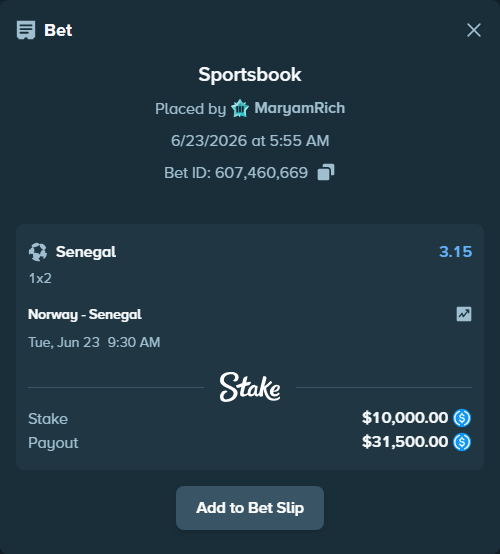Bet slip: Norway - Senegal, $10,000.00 stake at 3.15 odds, placed by MaryamRich