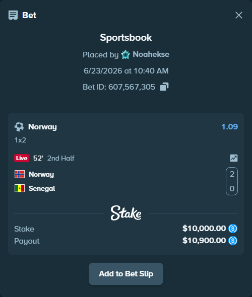 Bet slip: Norway - Senegal, $10,000.00 stake at 1.09 odds, placed by Noahekse