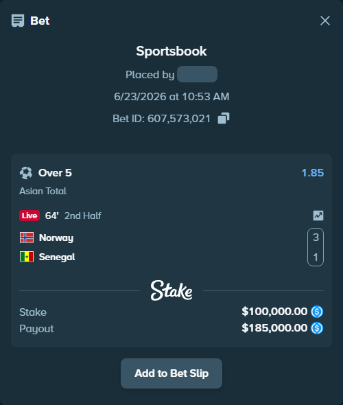 Bet slip: Norway - Senegal, $100,000.00 stake at 1.85 odds, placed by SBoSS97