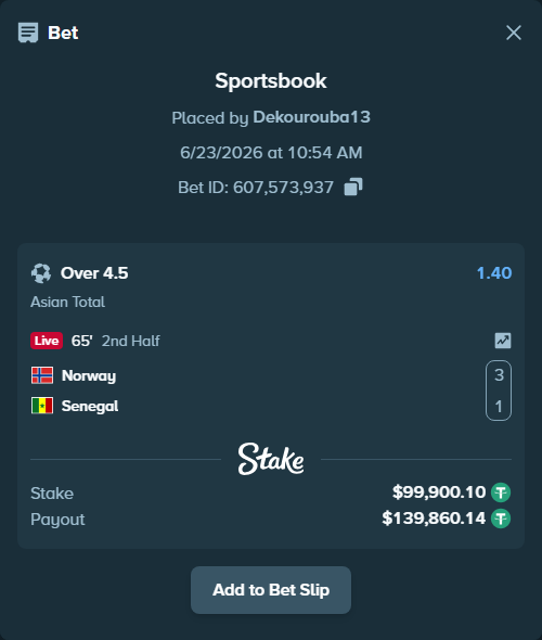 Bet slip: Norway - Senegal, $100,000.00 stake at 1.40 odds, placed by Dekourouba13