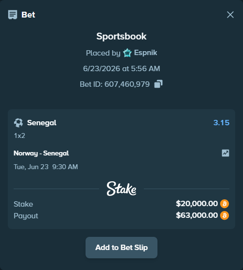 Bet slip: Norway - Senegal, $18,449.77 stake at 3.15 odds, placed by Espnik