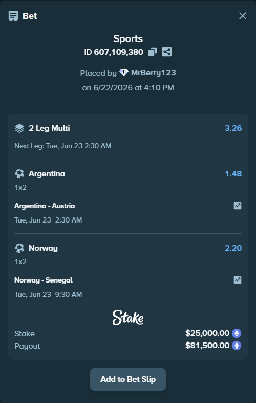 Bet slip: Norway - Senegal, $22,901.01 stake at 2.20 odds, placed by MrBerry123