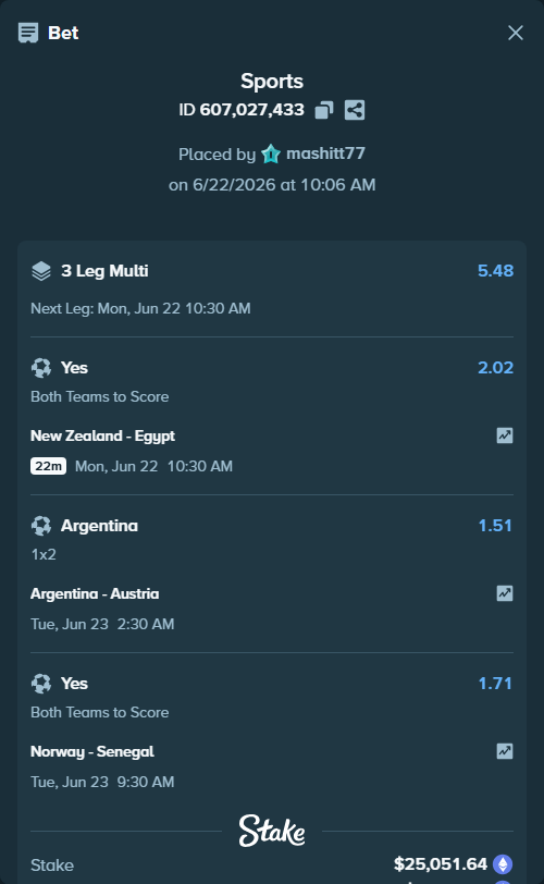 Bet slip: Norway - Senegal, $23,171.30 stake at 1.71 odds, placed by mashitt77