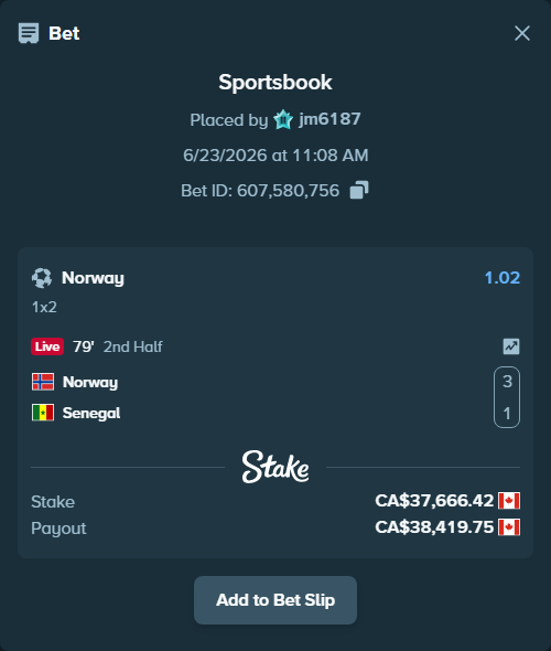 Bet slip: Norway - Senegal, $27,873.15 stake at 1.02 odds, placed by jm6187