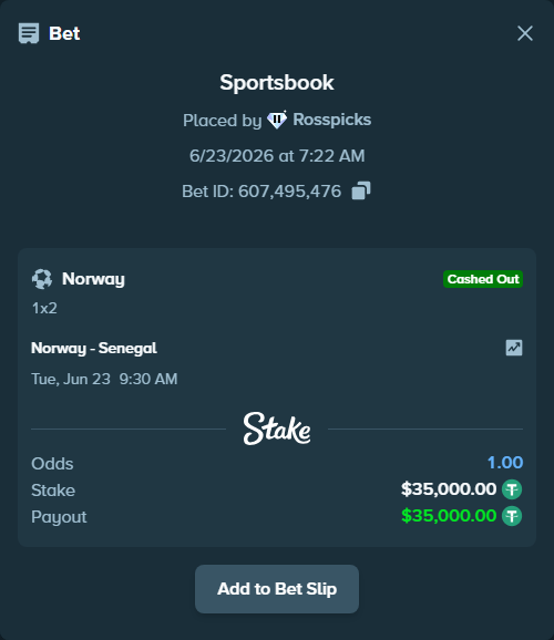 Bet slip: Norway - Senegal, $35,035.00 stake at 2.31 odds, placed by Rosspicks