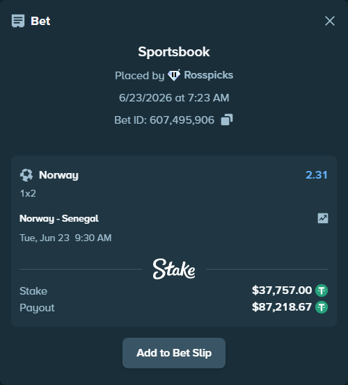 Bet slip: Norway - Senegal, $37,794.76 stake at 2.31 odds, placed by Rosspicks