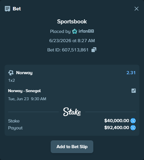 Bet slip: Norway - Senegal, $40,000.00 stake at 2.31 odds, placed by irfanBB
