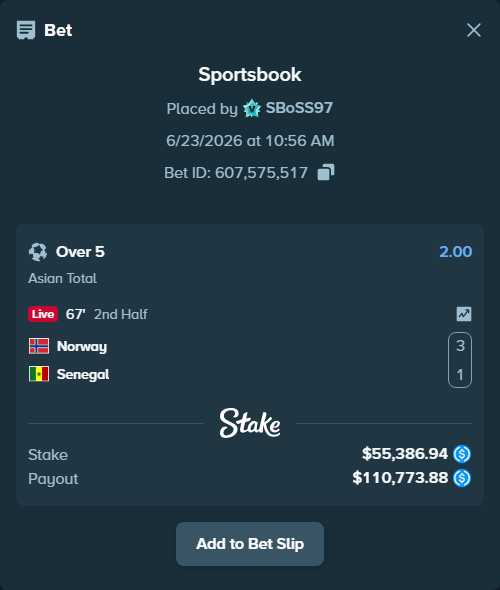 Bet slip: Norway - Senegal, $55,386.94 stake at 2.00 odds, placed by SBoSS97