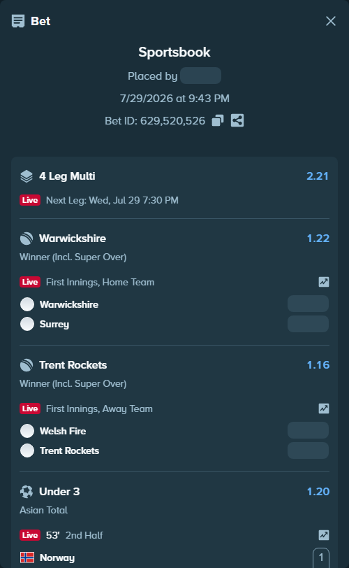 Bet slip: Norway Srl - South Africa SRL, $20,020.00 stake at 1.20 odds, placed by AsTraL11