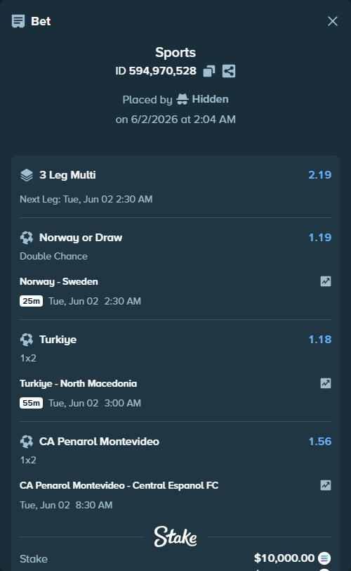 Bet slip: Norway - Sweden, $9,242.32 stake at 1.19 odds, placed by Hidden