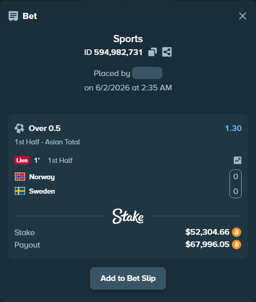 Bet slip: Norway - Sweden, $47,173.91 stake at 1.30 odds, placed by ninafreak