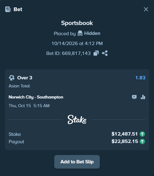 Bet slip: Norwich City - Southampton, $12,500.00 stake at 1.83 odds, placed by Hidden
