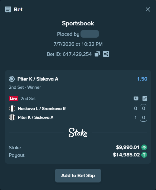 Bet slip: Noskova L / Sramkova R - Piter K / Siskova A, $10,000.00 stake at 1.50 odds, placed by WinTr10