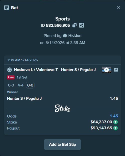 Bet slip: Noskova L / Valentova T - Hunter S / Pegula J, $64,237.00 stake at 1.45 odds, placed by Hidden