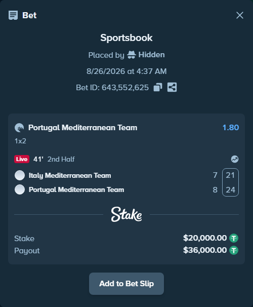 Bet slip: Not Available, $20,000.00 stake at 1.80 odds, placed by Hidden