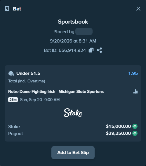 Bet slip: Notre Dame Fighting Irish - Michigan State Spartans, $15,000.00 stake at 1.95 odds, placed by dvento