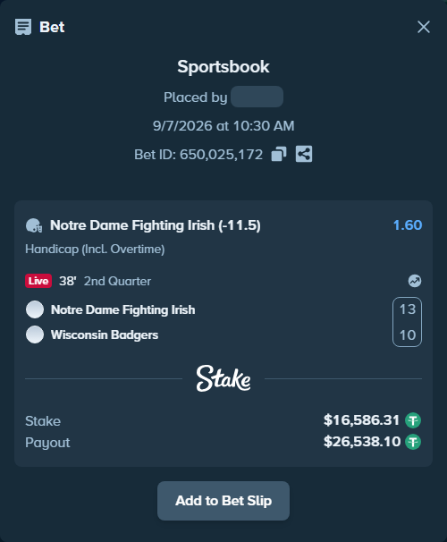 Bet slip: Notre Dame Fighting Irish - Wisconsin Badgers, $16,586.31 stake at 1.60 odds, placed by Davidbushel1