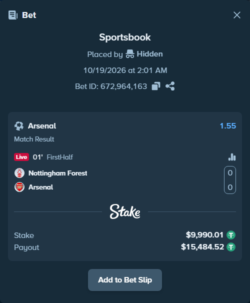 Bet slip: Nottingham Forest - Arsenal, $10,000.00 stake at 1.55 odds, placed by Iben1993