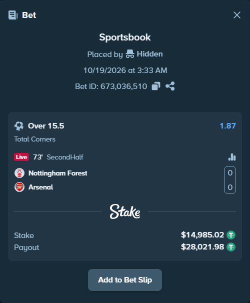 Bet slip: Nottingham Forest - Arsenal, $15,000.00 stake at 1.87 odds, placed by Hidden