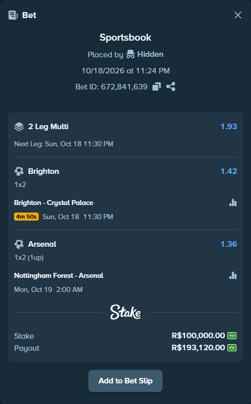Bet slip: Nottingham Forest - Arsenal, $20,000.00 stake at 1.36 odds, placed by ricardo911ss