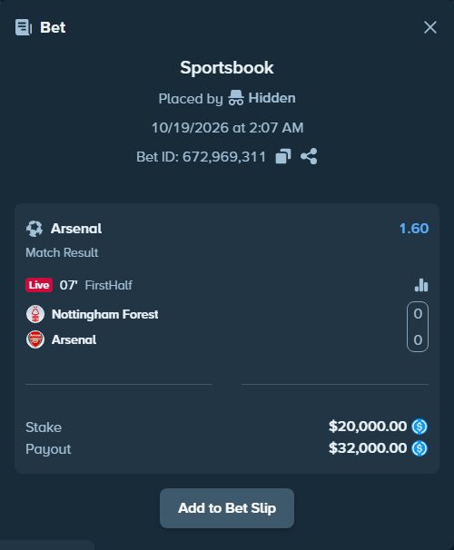 Bet slip: Nottingham Forest - Arsenal, $20,000.00 stake at 1.60 odds, placed by KilkaRaz