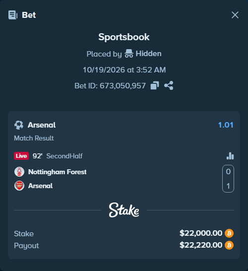 Bet slip: Nottingham Forest - Arsenal, $22,004.88 stake at 1.01 odds, placed by Covv87