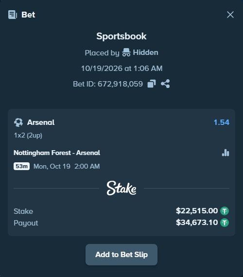 Bet slip: Nottingham Forest - Arsenal, $22,537.51 stake at 1.54 odds, placed by MitchellWit
