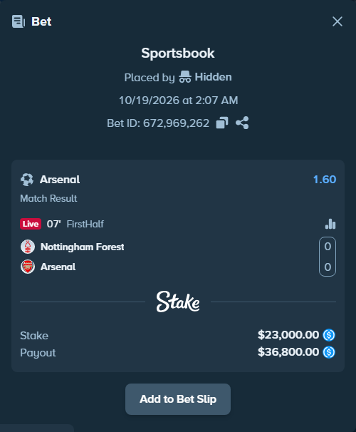 Bet slip: Nottingham Forest - Arsenal, $23,000.00 stake at 1.60 odds, placed by Daria212