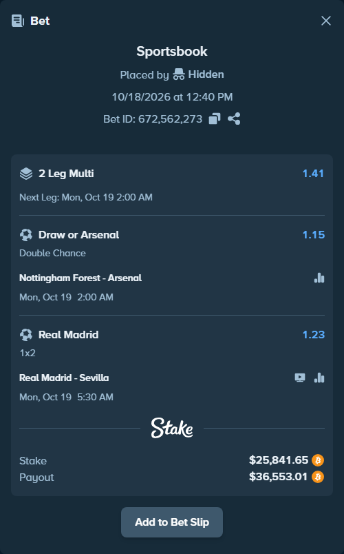 Bet slip: Nottingham Forest - Arsenal, $26,220.54 stake at 1.15 odds, placed by Saiddh94