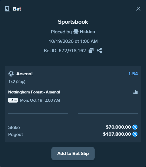 Bet slip: Nottingham Forest - Arsenal, $70,000.00 stake at 1.54 odds, placed by pering3