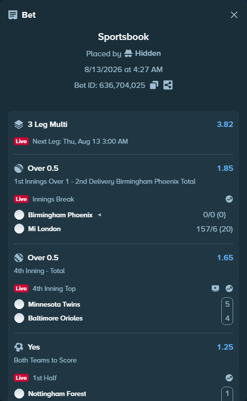 Bet slip: Nottingham Forest - Bayer Leverkusen, $10,000.00 stake at 1.25 odds, placed by Hidden