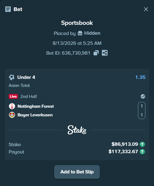 Bet slip: Nottingham Forest - Bayer Leverkusen, $87,000.00 stake at 1.35 odds, placed by Hidden