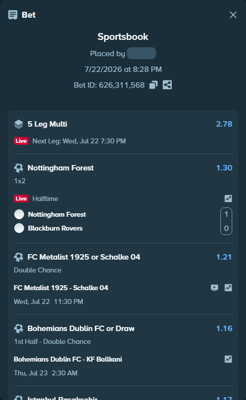 Bet slip: Nottingham Forest - Blackburn Rovers, $12,349.83 stake at 1.30 odds, placed by Jephthah2