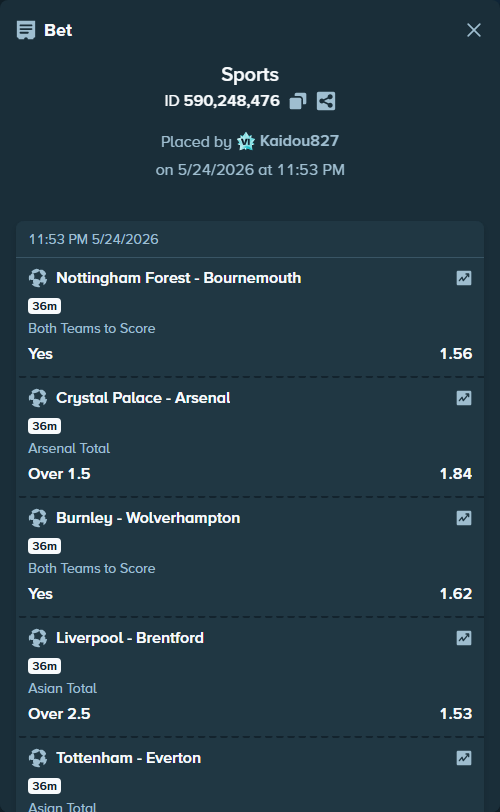 Bet slip: Nottingham Forest - Bournemouth, $10,650.00 stake at 1.56 odds, placed by Kaidou827
