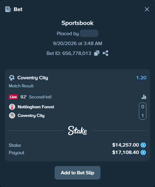 Bet slip: Nottingham Forest - Coventry, $14,257.00 stake at 1.20 odds, placed by petterblom