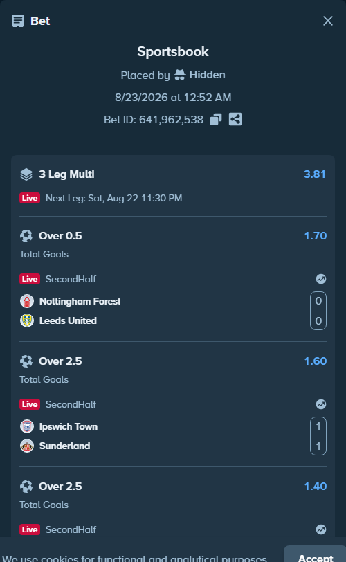 Bet slip: Nottingham Forest - Leeds United, $111,677.00 stake at 1.70 odds, placed by Hidden