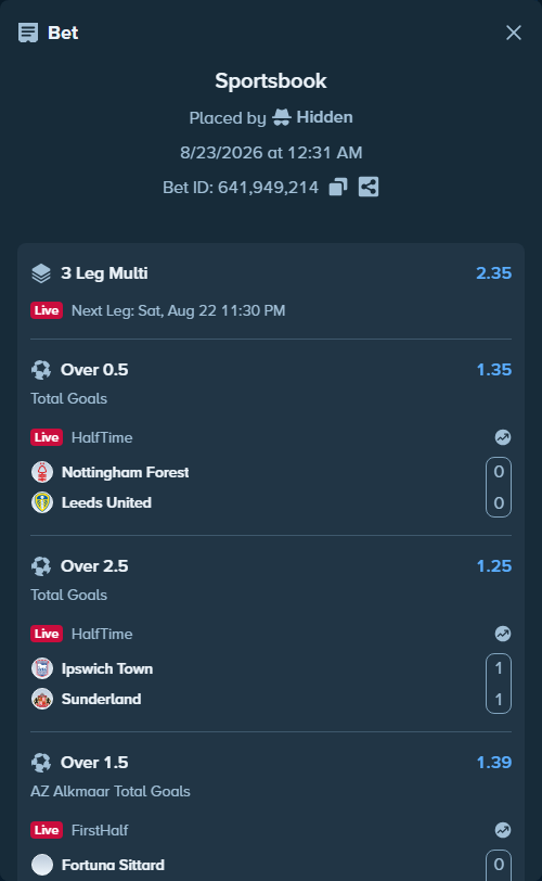 Bet slip: Nottingham Forest - Leeds United, $250,000.00 stake at 1.35 odds, placed by Hidden