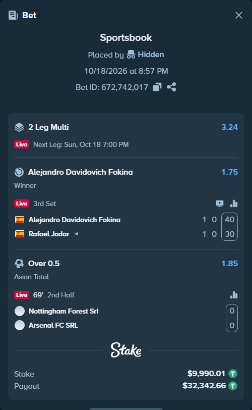 Bet slip: Nottingham Forest Srl - Arsenal FC SRL, $10,000.00 stake at 1.85 odds, placed by Hidden