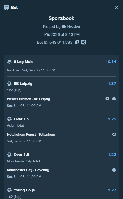 Bet slip: Nottingham Forest - Tottenham, $10,000.00 stake at 1.25 odds, placed by Hidden