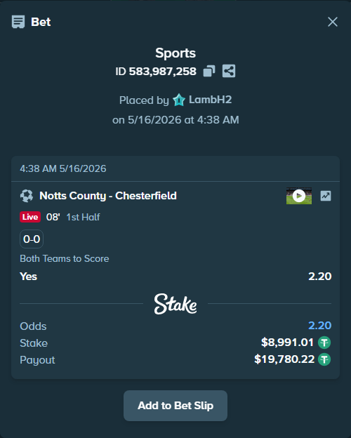 Bet slip: Notts County - Chesterfield, $9,000.00 stake at 2.20 odds, placed by LambH2
