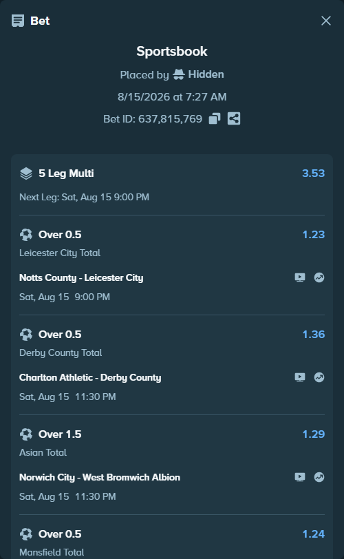 Bet slip: Notts County - Leicester City, $10,000.00 stake at 1.23 odds, placed by Hidden
