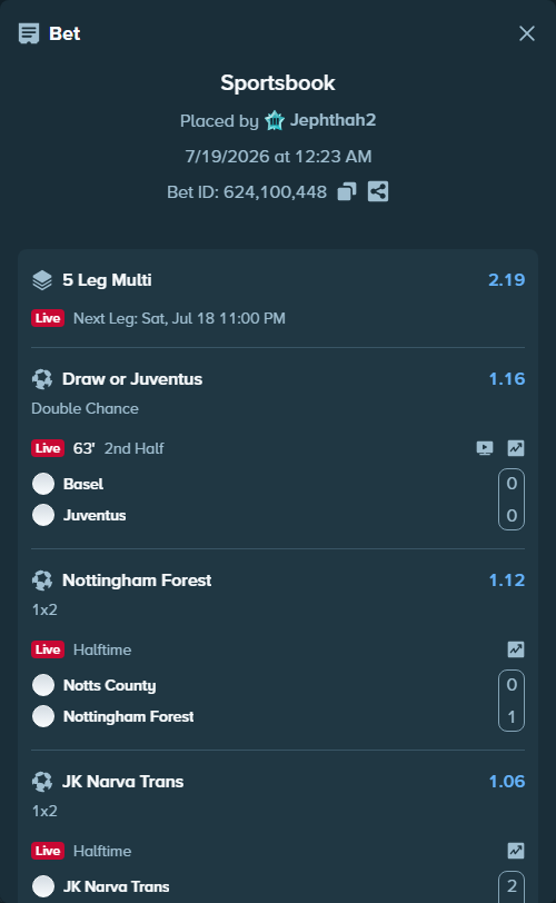 Bet slip: Notts County - Nottingham Forest, $10,000.00 stake at 1.12 odds, placed by Jephthah2