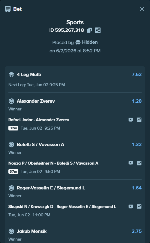 Bet slip: Nouza P / Oberleitner N - Bolelli S / Vavassori A, $10,010.00 stake at 1.32 odds, placed by Hidden