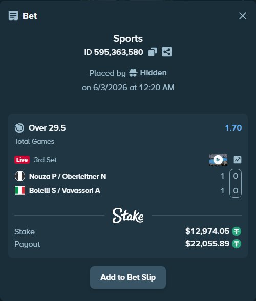 Bet slip: Nouza P / Oberleitner N - Bolelli S / Vavassori A, $13,000.00 stake at 1.70 odds, placed by Hidden