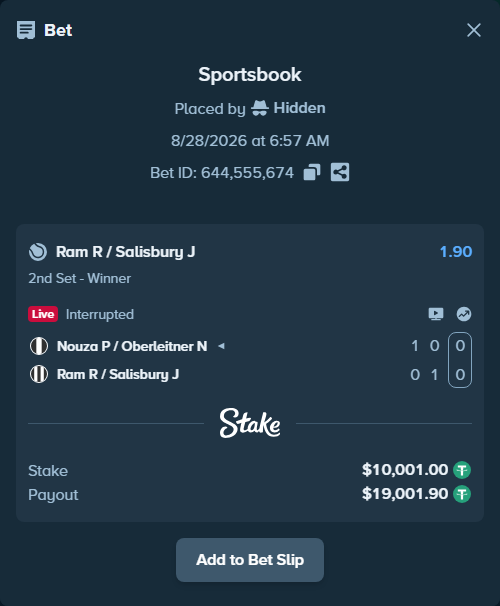 Bet slip: Nouza P / Oberleitner N - Ram R / Salisbury J, $10,000.00 stake at 1.90 odds, placed by Hidden