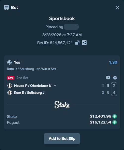 Bet slip: Nouza P / Oberleitner N - Ram R / Salisbury J, $12,400.72 stake at 1.30 odds, placed by DooDLeZ1love